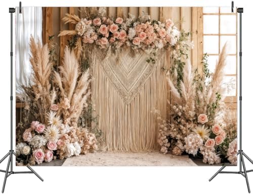 10x8 ft Bohemian Pampas Grass Flower Backdrop Retro Boho Flowers Window Photography Background Bridal Shower, alternate view