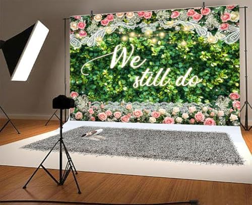 10x8 ft We Still Do Backdrop Green Leaves Lace Floral Wedding Anniversary Background Vow Renewal Anniversary, alternate view