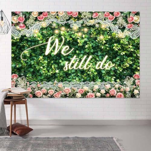 10x8 ft We Still Do Backdrop Green Leaves Lace Floral Wedding Anniversary Background Vow Renewal Anniversary, alternate view