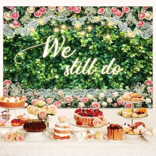 10x8 ft We Still Do Backdrop Green Leaves Lace Floral Wedding Anniversary Background Vow Renewal Anniversary, alternate view