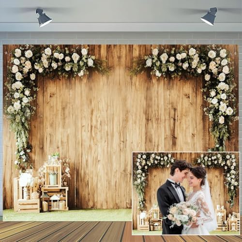 10x8 ft Wedding Wood Wall Rustic Floral Backdrop Reception Ceremony Photography Backdrop Wedding Party Bride
