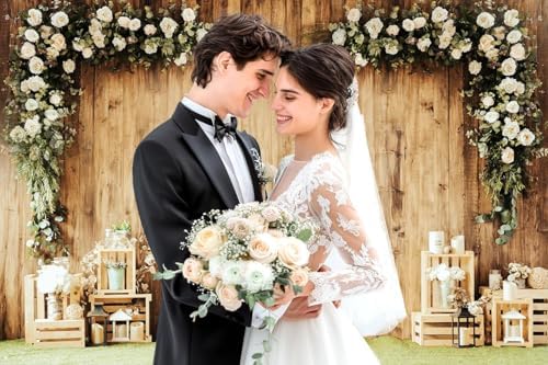 10x8 ft Wedding Wood Wall Rustic Floral Backdrop Reception Ceremony Photography Backdrop Wedding Party Bride, alternate view
