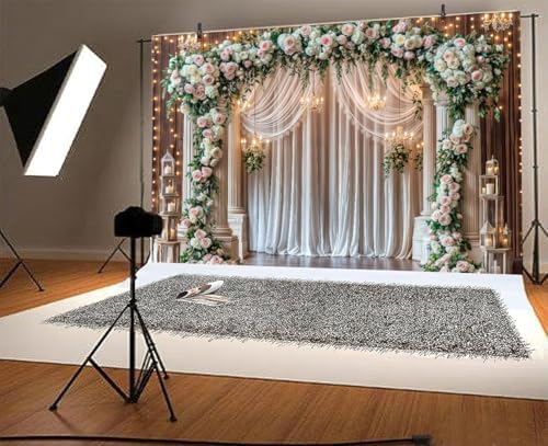 10x8 ft Wedding Wooden Backdrop Glitter White Curtain Rose Floral Wall Door Photography Backdrops Western, alternate view 2