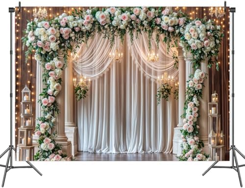 10x8 ft Wedding Wooden Backdrop Glitter White Curtain Rose Floral Wall Door Photography Backdrops Western, alternate view 3
