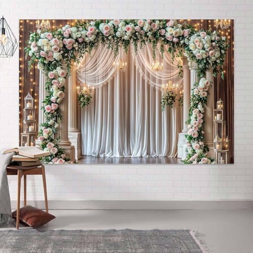 10x8 ft Wedding Wooden Backdrop Glitter White Curtain Rose Floral Wall Door Photography Backdrops Western, alternate view 4