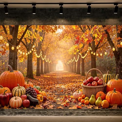 10X8ft Autumn Harvest Backdrop, Fall Forest Lane with Maple Leaves, Pumpkins String Lights Thanksgiving Party, alternate view