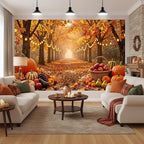 10X8ft Autumn Harvest Backdrop, Fall Forest Lane with Maple Leaves, Pumpkins String Lights Thanksgiving Party, alternate view