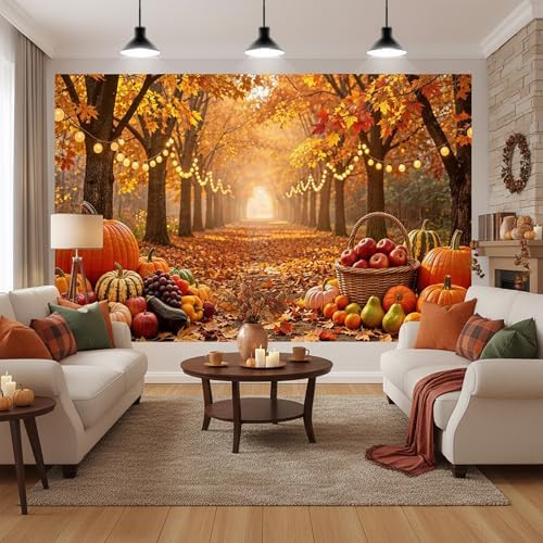10X8ft Autumn Harvest Backdrop, Fall Forest Lane with Maple Leaves, Pumpkins String Lights Thanksgiving Party, alternate view
