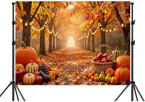 10X8ft Autumn Harvest Backdrop, Fall Forest Lane with Maple Leaves, Pumpkins String Lights Thanksgiving Party, alternate view