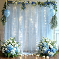 10x8ft Baby Blue Tulle Backdrop Curtain with Lights String for Parites, Sheer Photo Backdrop Curtains for