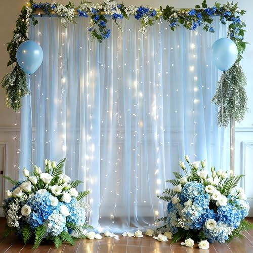 10x8ft Baby Blue Tulle Backdrop Curtain with Lights String for Parites, Sheer Photo Backdrop Curtains for