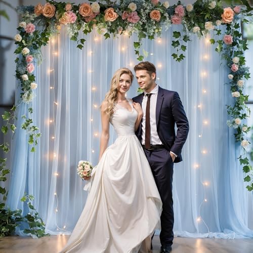 10x8ft Baby Blue Tulle Backdrop Curtain with Lights String for Parites, Sheer Photo Backdrop Curtains for, alternate view 7