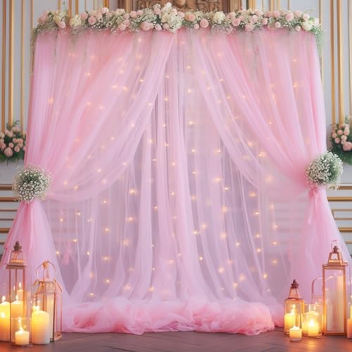 10x8ft Baby Pink Tulle Backdrop Curtain with Lights String for Parites, Sheer Backdrop Curtains for Wedding Baby, alternate
