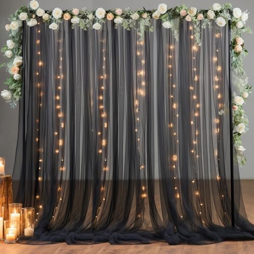 10x8ft Black Tulle Backdrop Curtain with Lights String for Parites, Sheer Photo Backdrop Curtains for Wedding