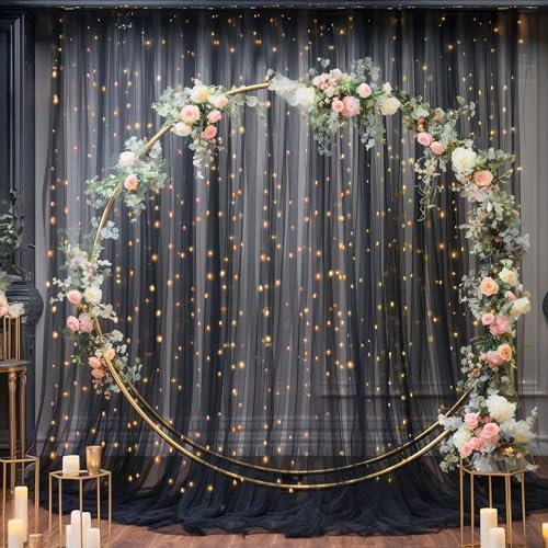 10x8ft Black Tulle Backdrop Curtain with Lights String for Parites, Sheer Photo Backdrop Curtains for Wedding, alternate view