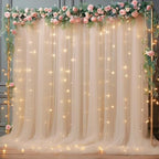 10x8ft Champagne Tulle Backdrop Curtain with Lights String for Parites, Sheer Backdrop Curtains for Wedding Baby