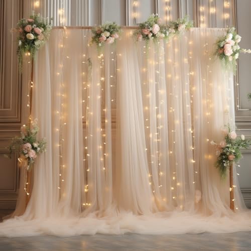 10x8ft Champagne Tulle Backdrop Curtain with Lights String for Parites, Sheer Photo Backdrop Curtains with