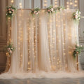 10x8ft Champagne Tulle Backdrop Curtain with Lights String for Parites, Sheer Photo Backdrop Curtains with