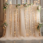 10x8ft Champagne Tulle Backdrop Curtain with Lights String for Parites, Sheer Photo Backdrop Curtains with