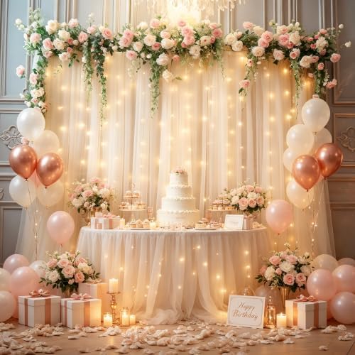 10x8ft Champagne Tulle Backdrop Curtain with Lights String for Parites, Sheer Photo Backdrop Curtains with, alternate view 2