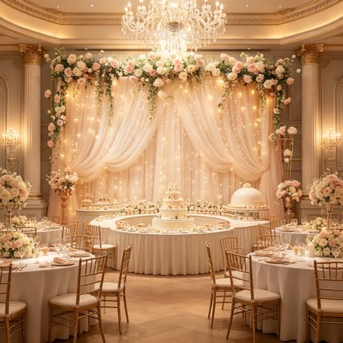 10x8ft Champagne Tulle Backdrop Curtain with Lights String for Parites, Sheer Photo Backdrop Curtains with, alternate view 6