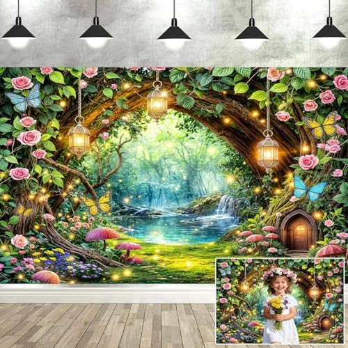 10X8ft Enchanted Fairy Forest Backdrop Magic Tree Arch Floral Mushroom Butterfly Wonderland Background for Girls