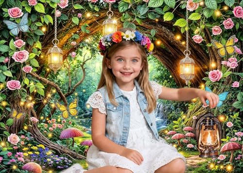 10X8ft Enchanted Fairy Forest Backdrop Magic Tree Arch Floral Mushroom Butterfly Wonderland Background for Girls, alternate