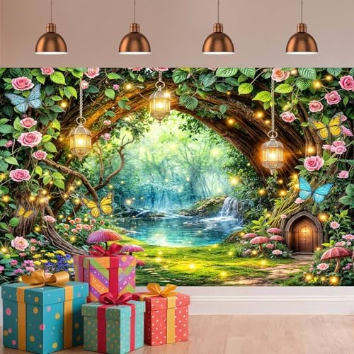 10X8ft Enchanted Fairy Forest Backdrop Magic Tree Arch Floral Mushroom Butterfly Wonderland Background for Girls, alternate