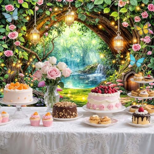 10X8ft Enchanted Fairy Forest Backdrop Magic Tree Arch Floral Mushroom Butterfly Wonderland Background for Girls, alternate