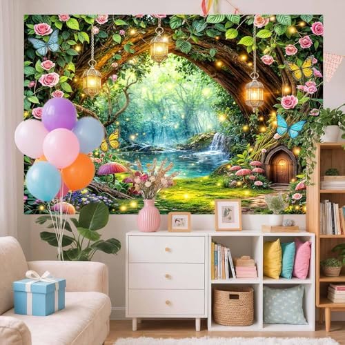 10X8ft Enchanted Fairy Forest Backdrop Magic Tree Arch Floral Mushroom Butterfly Wonderland Background for Girls, alternate