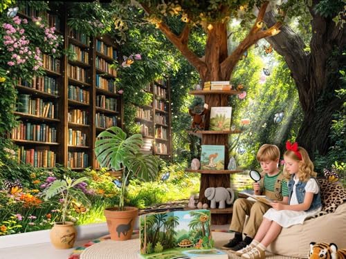 10X8ft Enchanted Forest Fairy Library Backdrop Fairy Tale Magic Bookshelf Garden Floral Butterfly Photography, alternate view