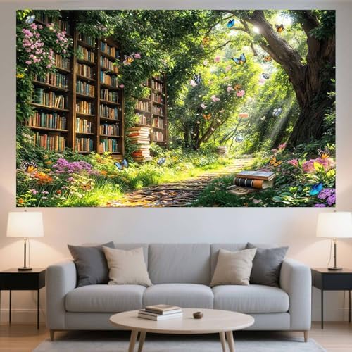 10X8ft Enchanted Forest Fairy Library Backdrop Fairy Tale Magic Bookshelf Garden Floral Butterfly Photography, alternate view
