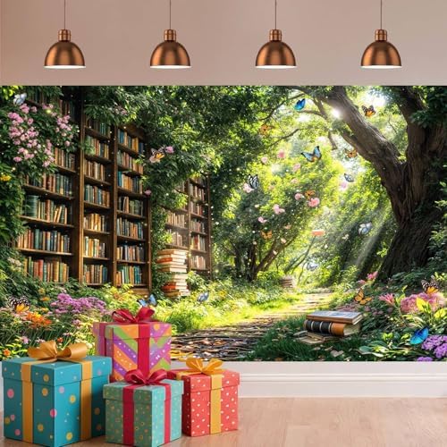 10X8ft Enchanted Forest Fairy Library Backdrop Fairy Tale Magic Bookshelf Garden Floral Butterfly Photography, alternate view