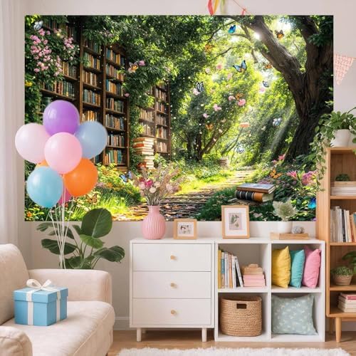 10X8ft Enchanted Forest Fairy Library Backdrop Fairy Tale Magic Bookshelf Garden Floral Butterfly Photography, alternate view