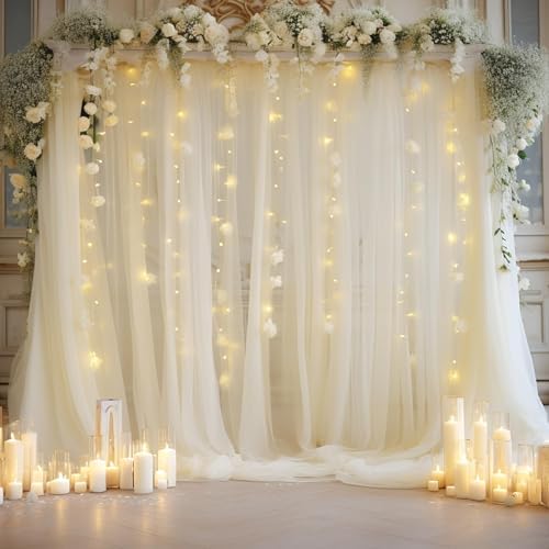 10x8ft Ivory Tulle Backdrop Curtain with Lights String for Parites, Sheer Photo Backdrop Curtains with Lights