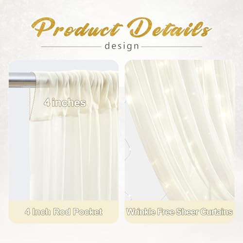 10x8ft Ivory Tulle Backdrop Curtain with Lights String for Parites, Sheer Photo Backdrop Curtains with Lights, alternate view