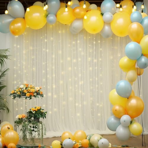 10x8ft Ivory Tulle Backdrop Curtain with Lights String for Parites, Sheer Photo Backdrop Curtains with Lights, alternate view