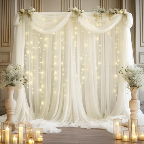 10x8ft Ivory Tulle Backdrop Curtain with Lights String for Parites, Sheer Photo Backdrop Curtains with Lights, alternate view