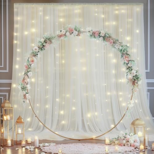 10x8ft Ivory Tulle Backdrop Curtain with Lights String for Parites, Sheer Photo Backdrop Curtains with Lights, alternate view