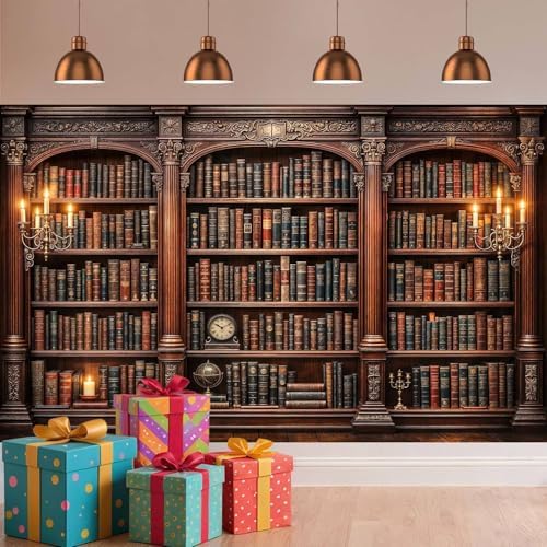 10X8ft Library Bookshelf Backdrop Retro Library Office Study Bookshelf Scene Photography Background Home Office, alternate