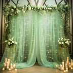 10x8ft Olive Green Tulle Backdrop Curtain with Lights String for Parites, Sheer Photo Backdrop Drapes with