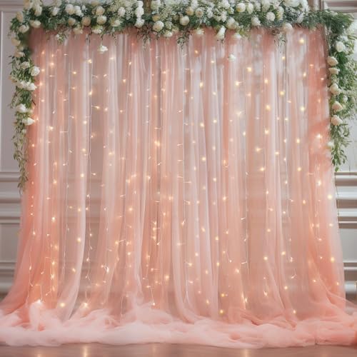 10x8ft Peach Tulle Backdrop Curtain with Lights String for Parites, Sheer Photo Backdrop Curtains with Lights