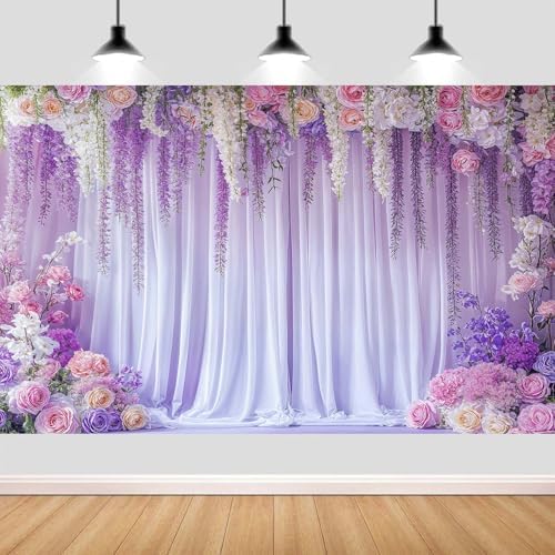 10X8ft Purple Flower Wall Backdrop Romantic Floral Wedding Photography Background for Wedding Bridal Shower