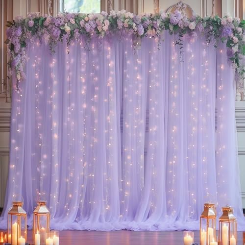 10x8ft Purple Tulle Backdrop Curtain with Lights String for Parites, Sheer Photo Backdrop Curtains with Lights
