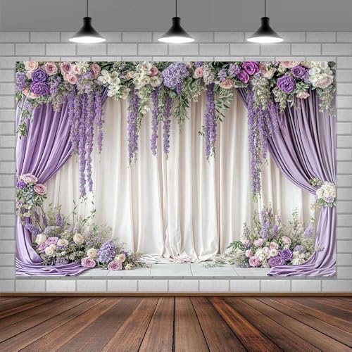 10X8ft Purple Wisteria Flower Wedding Backdrop Purple Floral Curtain Background for Bridal Shower Birthday Party, alternate