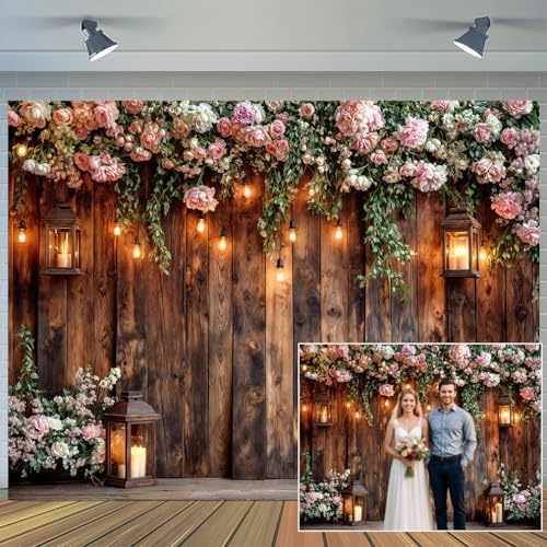 10X8ft Rustic Wooden Floral Wedding Backdrop Pink Roses Farmhouse Photography Background Vintage Style Decor for
