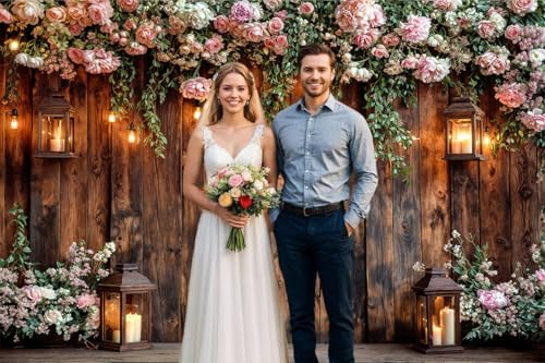 10X8ft Rustic Wooden Floral Wedding Backdrop Pink Roses Farmhouse Photography Background Vintage Style Decor for, alternate