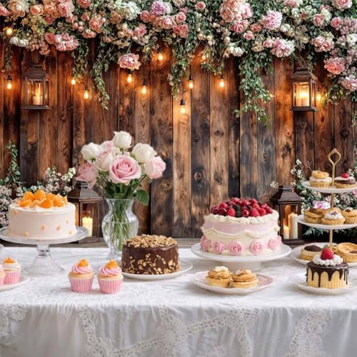 10X8ft Rustic Wooden Floral Wedding Backdrop Pink Roses Farmhouse Photography Background Vintage Style Decor for, alternate