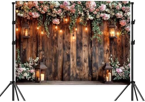 10X8ft Rustic Wooden Floral Wedding Backdrop Pink Roses Farmhouse Photography Background Vintage Style Decor for, alternate