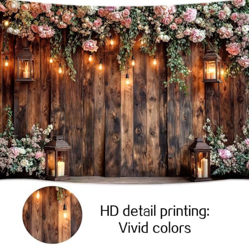 10X8ft Rustic Wooden Floral Wedding Backdrop Pink Roses Farmhouse Photography Background Vintage Style Decor for, alternate